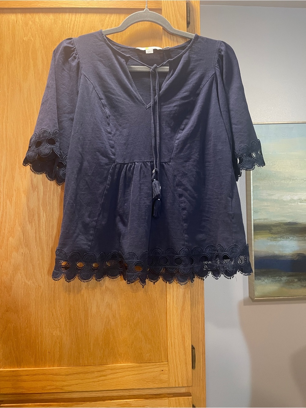 Boden Navy Short-Sleeve Peasant Top with Eyelet Trim _Small 2_Boho Peasant Flowy
